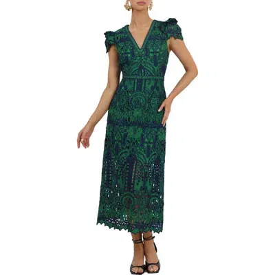 Adelyn Rae Lace Midi Dress In Navy Emerald