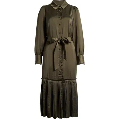 Adelyn Rae Long Sleeve Satin Shirtdress In Olive Green