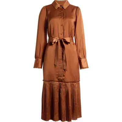 Adelyn Rae Long Sleeve Satin Shirtdress In Toffee