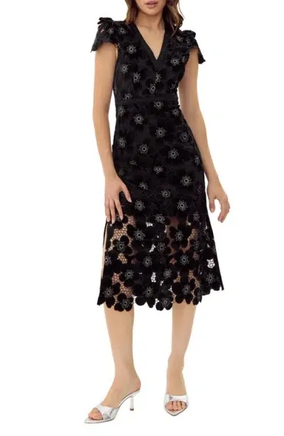 Adelyn Rae Mia Beaded Floral Embroidery Midi Dress In Black