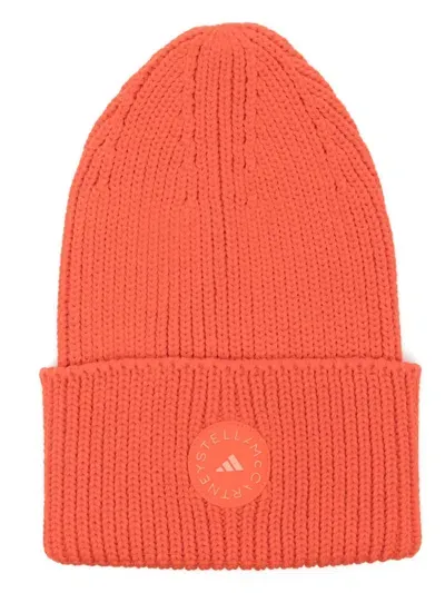 Adidas By Stella Mccartney Rubberised-logo Beanie In Orange