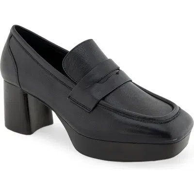 Aerosoles Cavour Platform Penny Loafer Pump In Black Smooth Leather