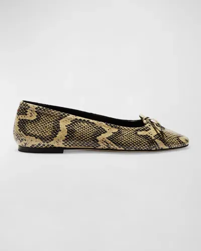 Aeyde Delfina Snake-embossed Bow Ballerina Flats In Latte