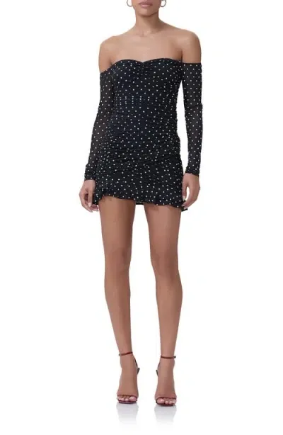 Afrm Adrian Ruched Off The Shoulder Long Sleeve Minidress In Noir Dot