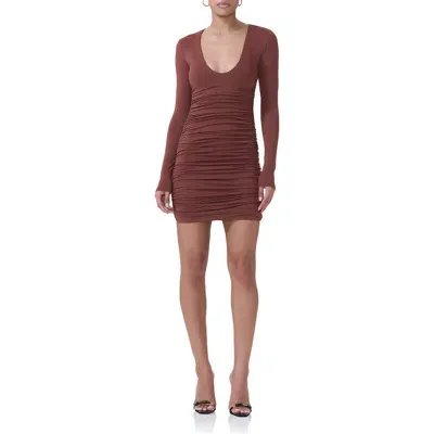 Afrm Afton Ruched Long Sleeve Jersey Minidress In Cocoa