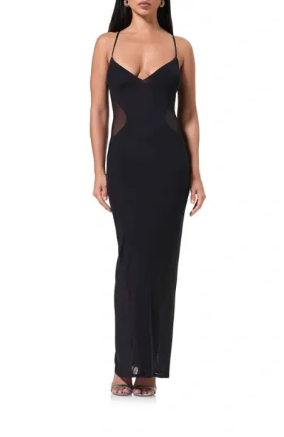 Afrm Alyson Mesh Panel Maxi Dress In Noir