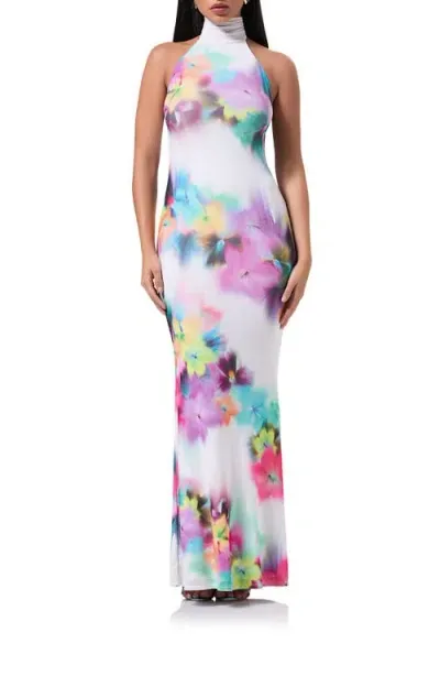 Afrm Arlette Turtleneck Mesh Maxi Dress In Blur Pansy