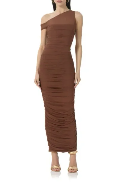 Afrm Biona One-shoulder Ruched Mesh Dress In Dark Clay