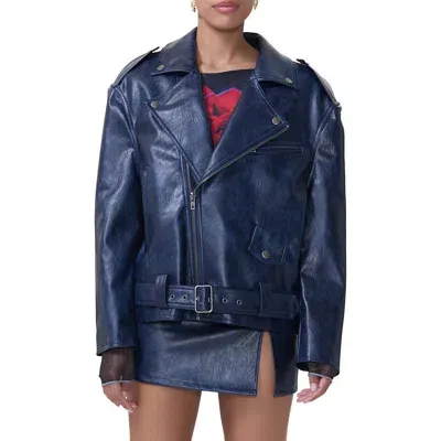 Afrm Blaise Oversize Faux Leather Moto Jacket In Navy Distressed Pu