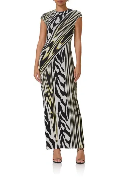 Afrm Cody Print Cap Sleeve Mesh Maxi Dress In Zebra Lime