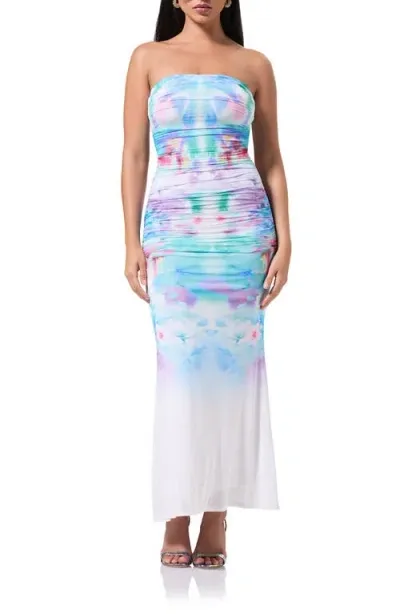 Afrm Floral Ruched Strapless Maxi Dress In Blur Blossom