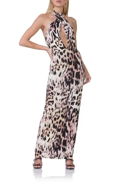 Afrm Genie Leopard Print Halter Neck Jersey Knit Dress In Warm Leopard