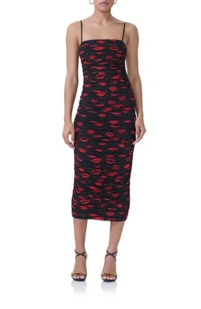 Afrm Hazel Ruched Mesh Midi Dress In Rouge Kiss