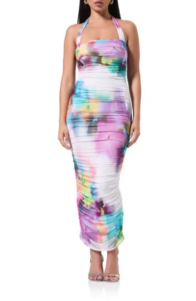 Afrm Indina Floral Ruched Mesh Halter Maxi Dress In Blur Pansy