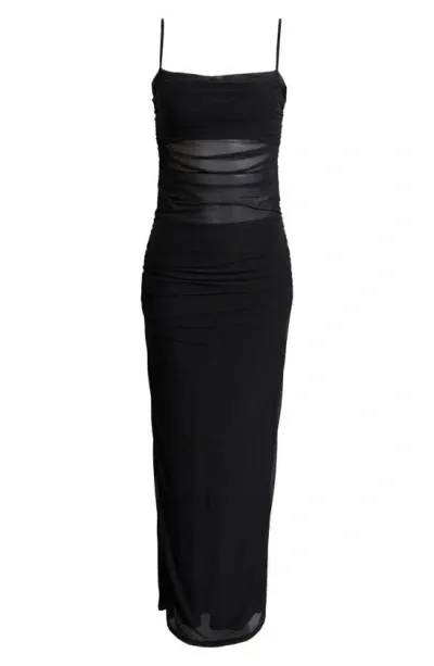 Afrm Jennan Sheer Ruched Mesh Maxi Dress In Black