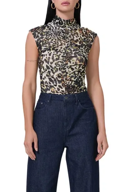 Afrm Jolie Ruched Funnel Neck Mesh Top In Fall Animal