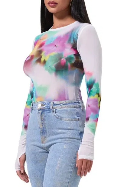 Afrm Kaylee Print Mesh Top In Blur Pansy