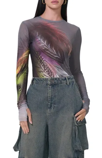 Afrm Kaylee Print Mesh Top In Dark Feather