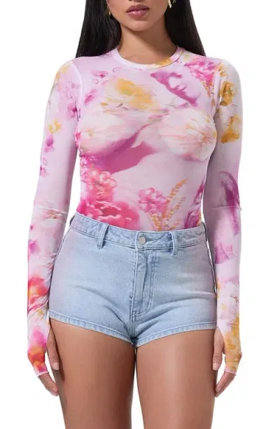 Afrm Kaylee Print Mesh Top In Floral Portrait