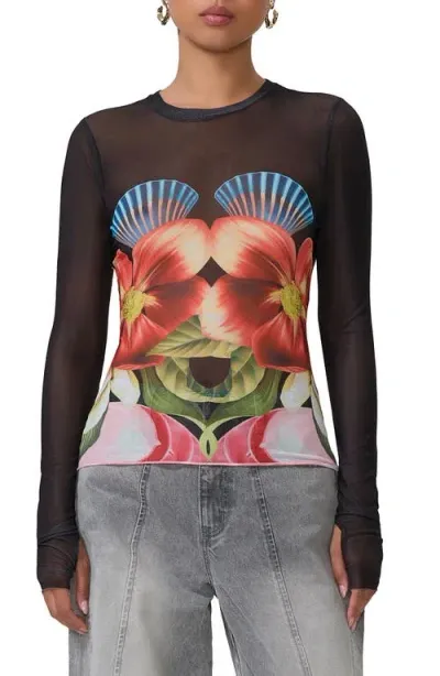 Afrm Kaylee Print Mesh Top In Hibiscus Shell