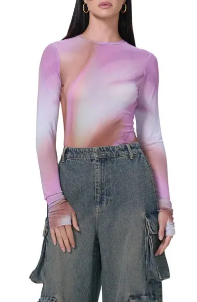 Afrm Kaylee Print Mesh Top In Lilac Watercolor