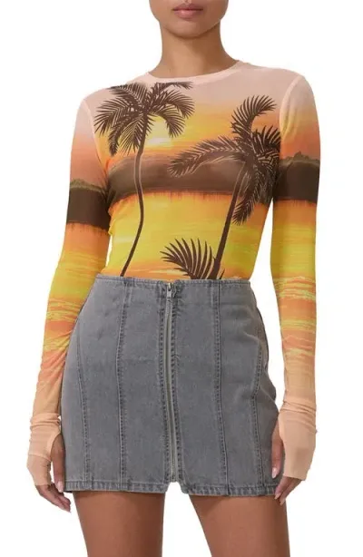 Afrm Kaylee Print Mesh Top In Sunrise