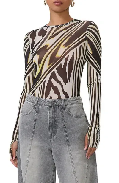 Afrm Kaylee Print Mesh Top In Zebra Lime