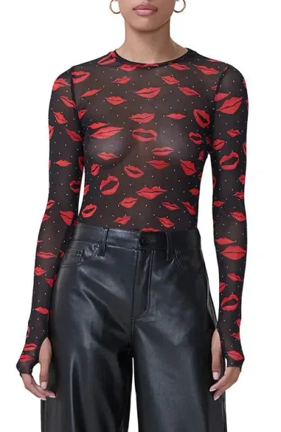 Afrm Kaylee Printed Mesh Top In Rouge Kiss