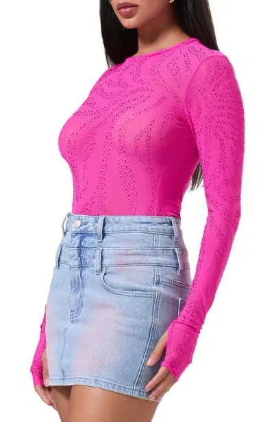 Afrm Kaylee Rhinestone Mesh Top In Glow Pink