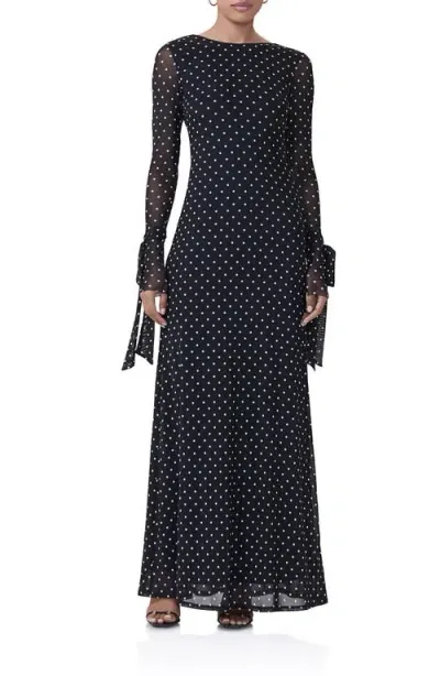 Afrm Marion Tie Cuff Long Sleeve Backless Mesh Maxi Dress In Noir Dot