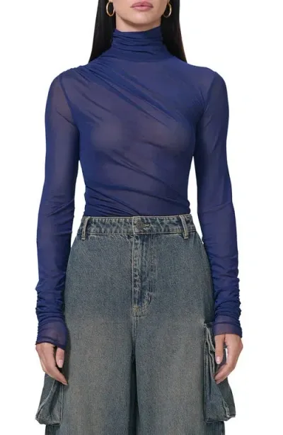 Afrm Martine Mesh Turtleneck Top In Bright Navy