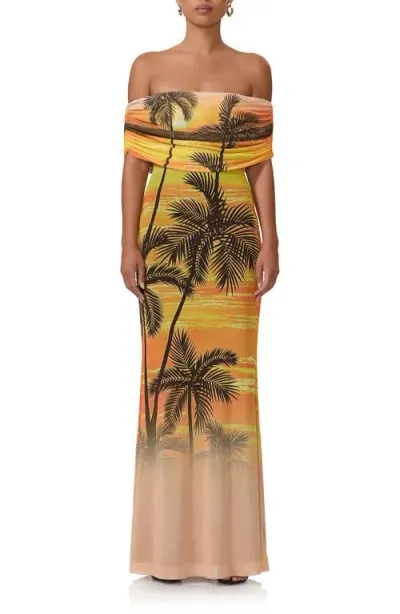 Afrm Mccall Off The Shoulder Mesh Maxi Dress In Sunrise Palms