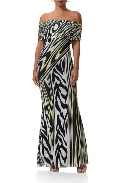 Afrm Mccall Off The Shoulder Mesh Maxi Dress In Zebra Lime