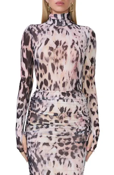 Afrm Milo Print Long Sleeve Turtleneck Mesh Bodysuit In Warm Leopard