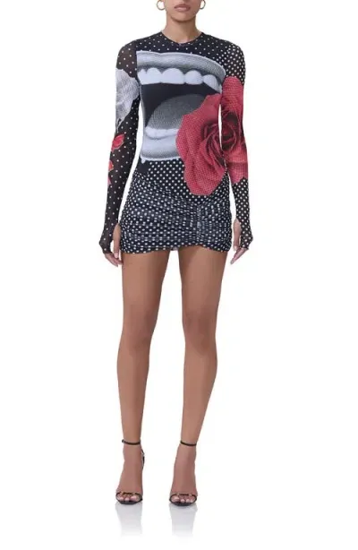 Afrm Mirza Print Long Sleeve Mesh Minidress In Smile Dot