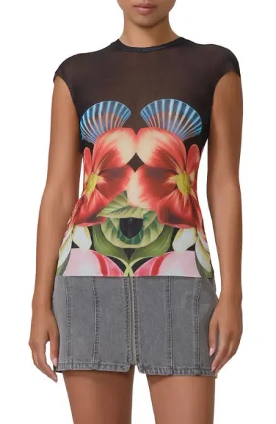 Afrm Nina Print Cap Sleeve Mesh Top In Hibiscus