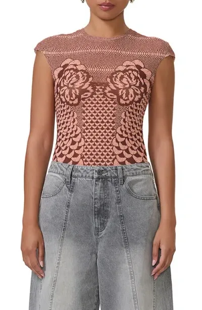 Afrm Nina Print Cap Sleeve Mesh Top In Peach Petal