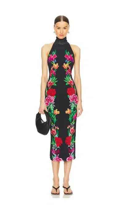 Afrm Olimpia Printed Turtleneck Mesh Halter Dress In Body Floral