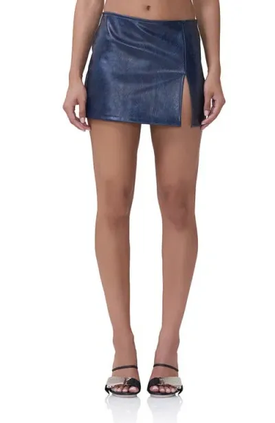 Afrm Olivia Faux Leather Miniskirt In Navy Distressed