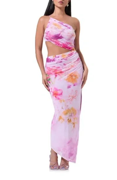 Afrm Pearl One-shoulder Cutout Mesh Maxi Dress In Floral Portrait