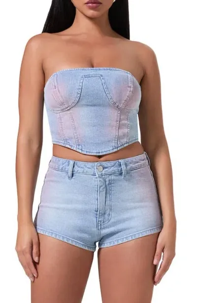 Afrm Reid Crop Denim Tube Top In Blue Pink Denim Wash