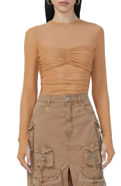 Afrm Sandrine Long Sleeve Mesh Top In Camel