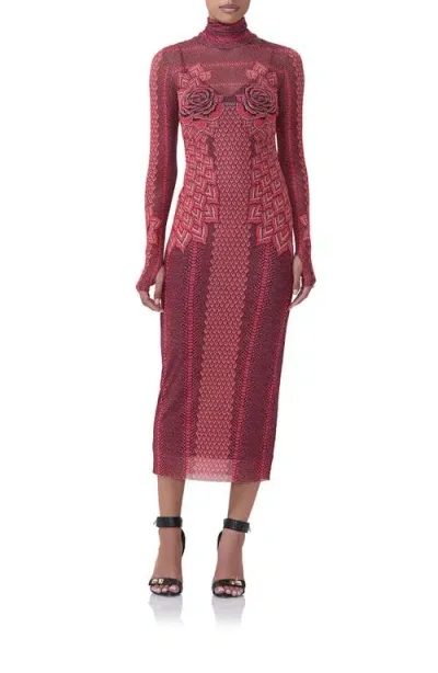 Afrm Shailene Long Sleeve Turtleneck Mesh Dress In Rouge Gilded Rose