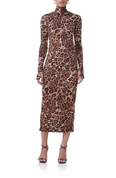 Afrm Shailene Turtleneck Long Sleeve Lace Dress In Cocoa Leopard