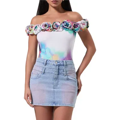 Afrm Solange Rosette Off The Shoulder Mesh Bodysuit In Blur Pansy