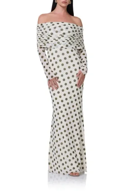 Afrm Thelma Off The Shoulder Long Sleeve Maxi Dress In Birch Dot