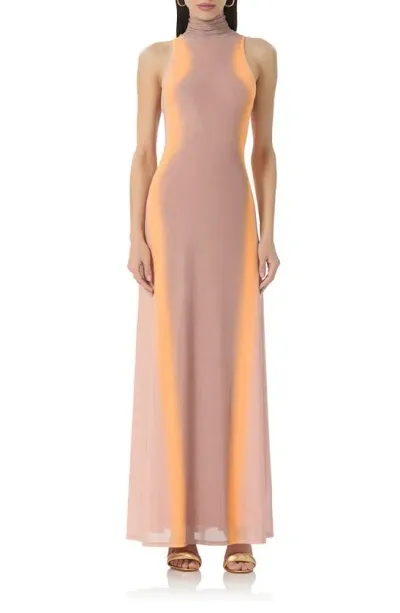 Afrm Titus Turtleneck Open Back Mesh Maxi Dress In Orange Linear