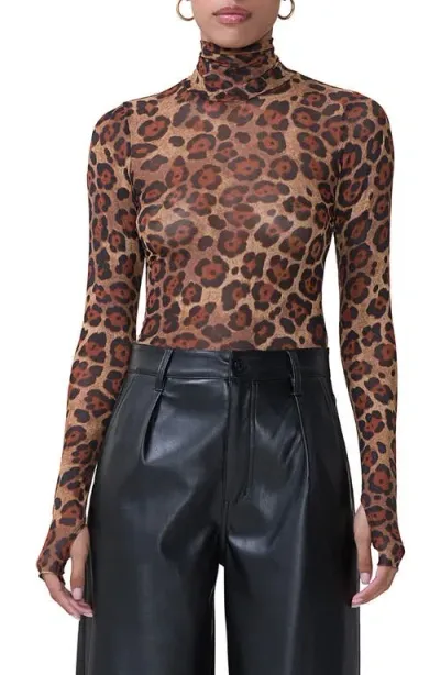 Afrm Zadie Print Mesh Turtleneck Top In Cocoa Leopard