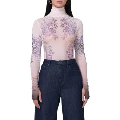 Afrm Zadie Print Mesh Turtleneck Top In Lilac Tattoo