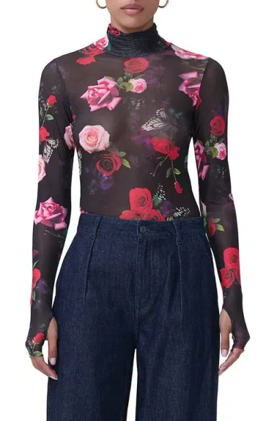 Afrm Zadie Print Mesh Turtleneck Top In Mixed Rose